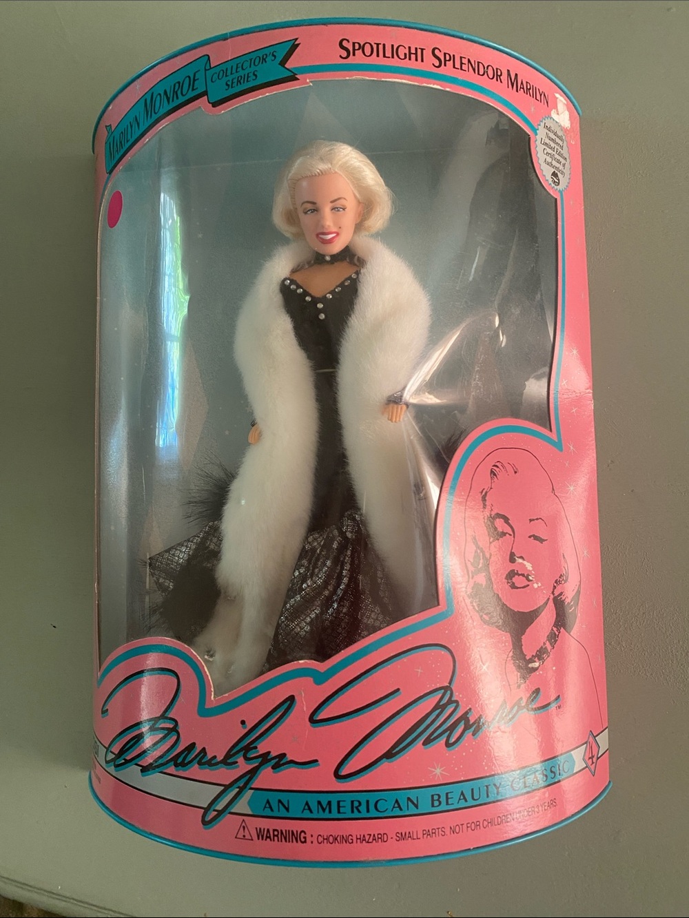 Spotlight Splendor Marilyn Monroe Doll in Black Gown with White Fur Stole
